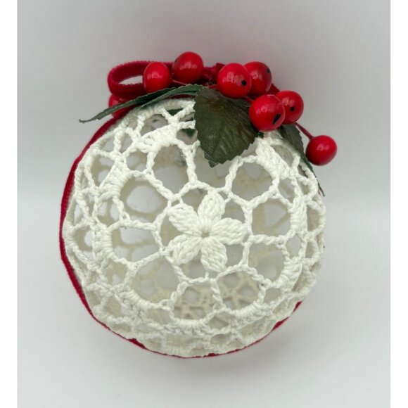 Handcrafted White Crochet Christmas Ornament Ball Starched Red Berries Ribbon - Picture 4 of 6